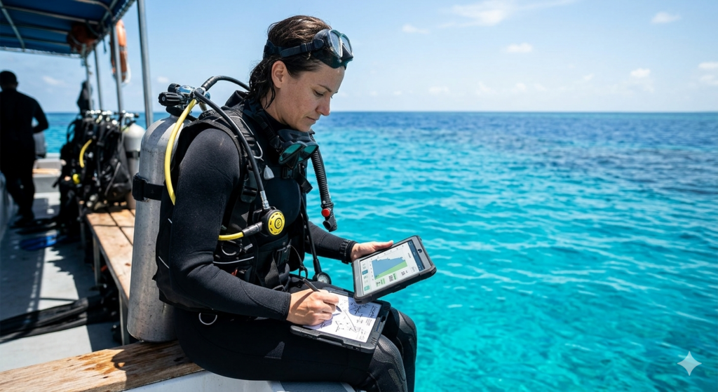 Scuba diver reviewing dive plan on boat before entering the water — plan the dive dive the plan